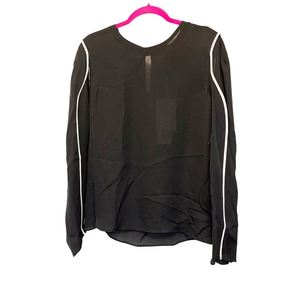 Per Se Black Sheer Long Sleeve Top Size 12 With Open Sleeve Detail & White Trim